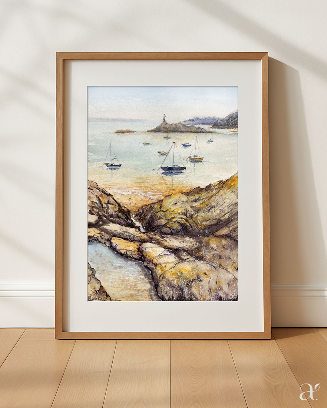 Aquarellskizze – Felsen und Boote