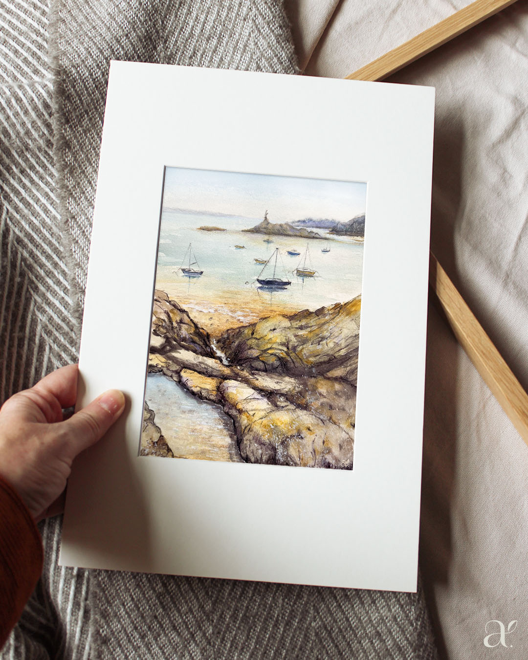 Aquarellskizze – Felsen und Boote