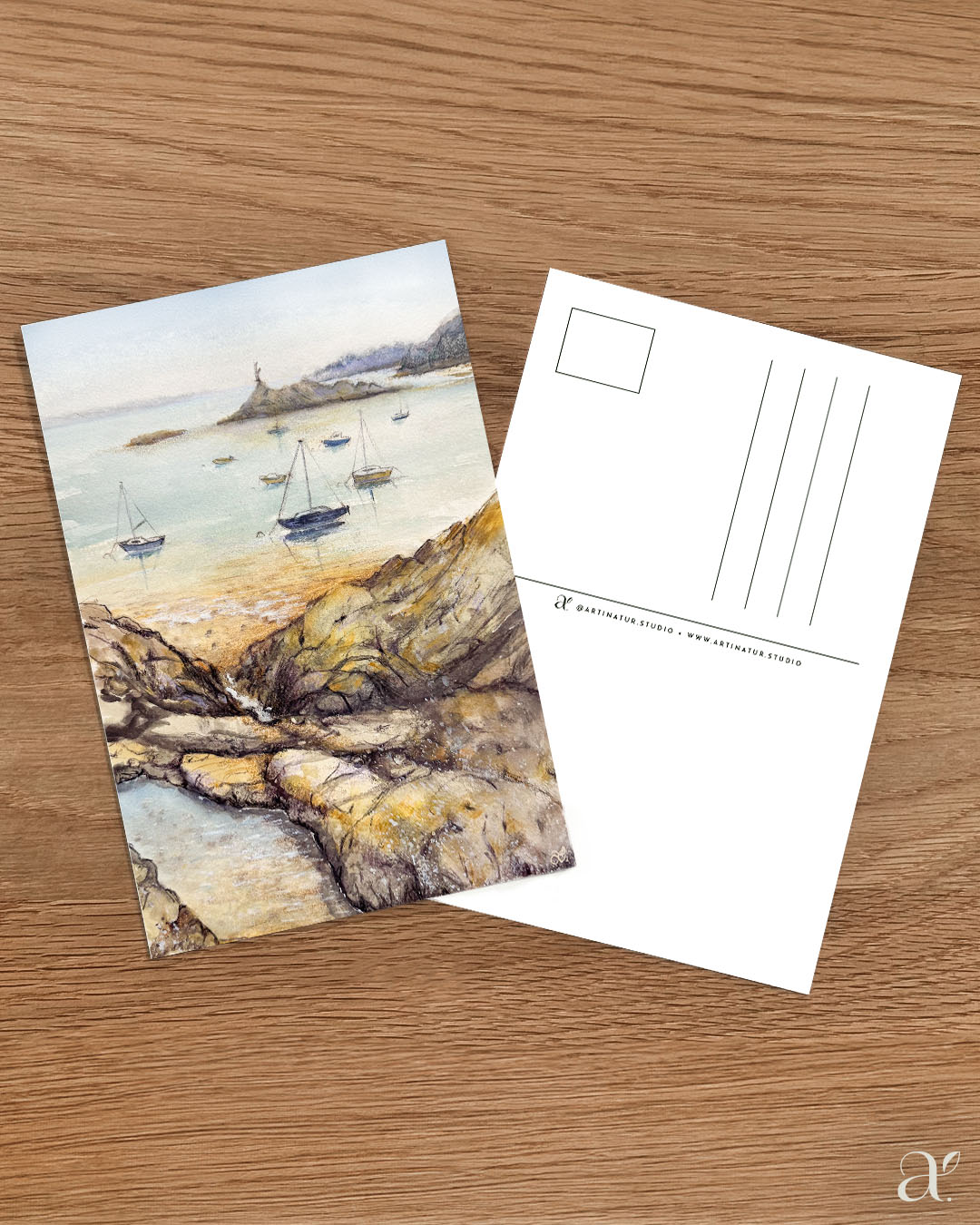 Aquarellskizze – Felsen und Boote