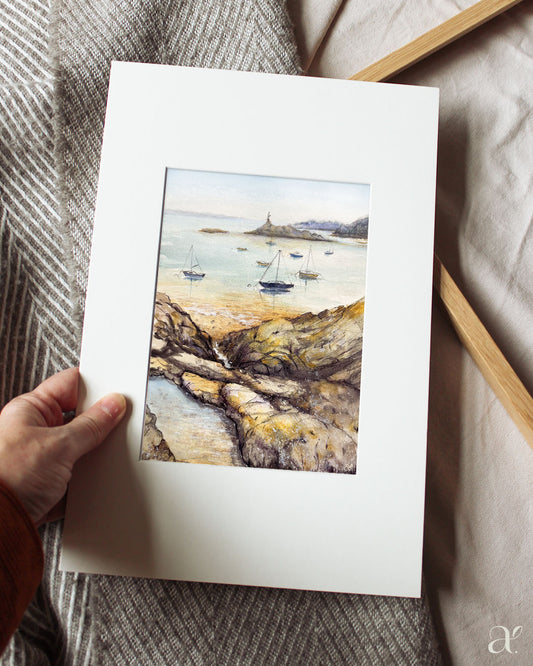 Aquarellskizze – Felsen und Boote